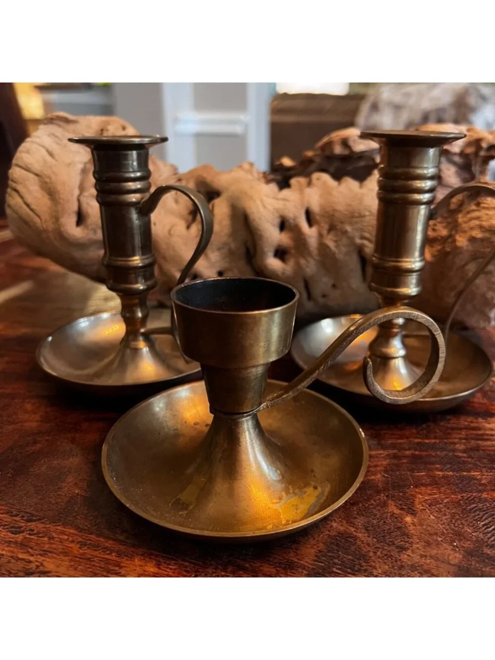Vintage Trio Of Solid Brass Chambersticks